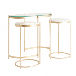 Kruth - Set tavolini in ferro con piani in cristallo e marmo, color oro stile art déco, dimensioni 63 x 37 x 55 cm. - 29 x 29 x 48 cm.