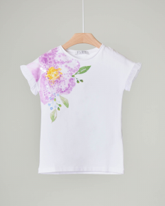 T-shirt bianca mezza manica con stampa fiore e pailletes applicate 5-8 anni