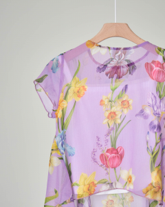 Camicia lilla asimmetrica in crêpe di cotone con stampa floreale 36-38