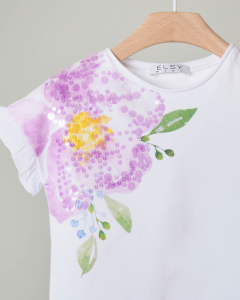 T-shirt bianca mezza manica con stampa fiore e pailletes applicate 3-4 anni