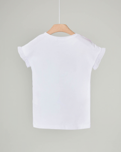 T-shirt bianca mezza manica con stampa fiore e pailletes applicate 3-4 anni