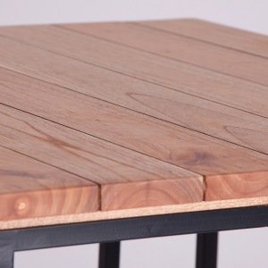 Nuxis - Tavolo bar in legno di mogano con base in ferro, colore naturale stile industrial, dimensioni 70 x 70 x 100 cm.