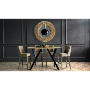 Osatica - Tavolo bar in legno di acacia con base in ferro, colore naturale stile industrial, dimensioni 160 x 65 x 106 cm.