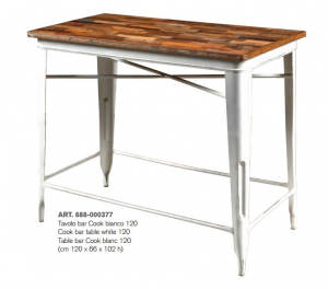 Cook - Tavolo bar in legno di acacia con struttura in ferro, colore bianco stile industrial, dimensioni: cm 120 x 66 x 102 h / cm 66 x 66 x 103 h