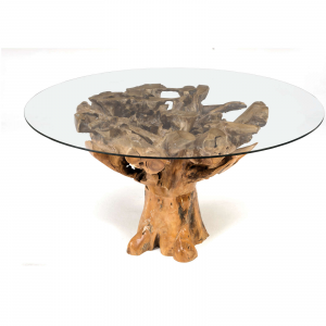 Roots - Tavolo rotondo in radica di teak con cristallo, colore naturale stile etnico, dimensione: cm 150 x 80 h