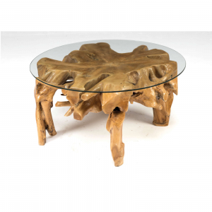 Roots - Tavolo basso in radica di teak con cristallo, colore naturale in stile etnico, dimensione: cm 100 x 46 h