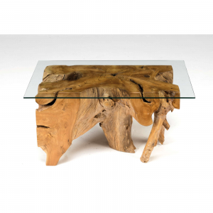 Roots - Tavolo rettangolare in radica di teak con cristallo, colore naturale in stile etnico, dimensione: cm 100 x 60 x 50 h