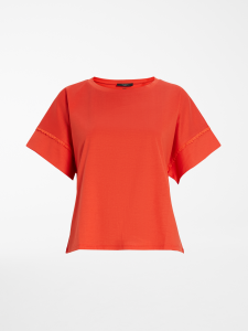 T-shirt arancione in cotone popeline con ricami in passamaneria sulle maniche corte