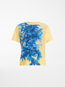 T-shirt gialla in cotone stretch con stampa floreale azzurra