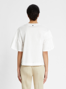 T-shirt bianca in cotone con maniche a campane con ricami tono su tono