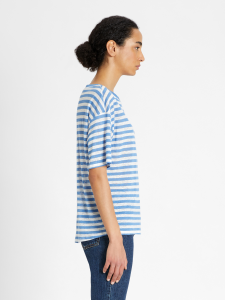 T-shirt girocollo in lino a righe bianche e azzurre