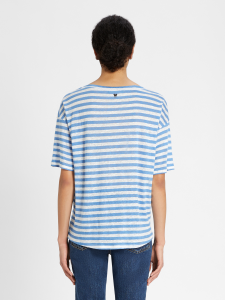 T-shirt girocollo in lino a righe bianche e azzurre