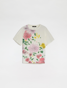T-shirt bianca girocollo in lyocell e cotone con stampa floreale