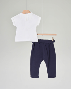 Completo t-shirt bianca con logo e fiocco e pantalone blu 6-18 mesi
