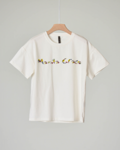 T-shirt avorio in cotone stretch con maniche corte con scritta logo in strass e perline multicolor 10-14 anni