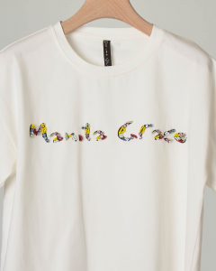 T-shirt avorio in cotone stretch con maniche corte con scritta logo in strass e perline multicolor 10-14 anni
