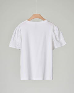 T-shirt bianca in cotone e viscosa con maniche corte in sangallo 10-16 anni