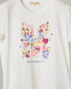 T-shirt bianca mezza manica con stampa floreale e logo strass 10-14 anni