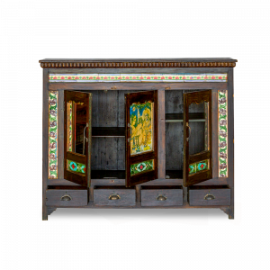 Buffet antico indiano in legno di teak con piastrelle e vetro dipinto #1154IN1450