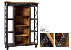 N.Y. - Libreria Vetrina con ruote in legno di acacia e metallo, colore naturale e nero stile industrial, dimensione cm 137 x 42 x 184 h