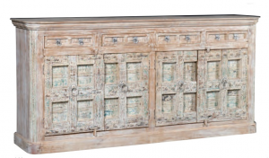 Namastè - Credenza 4 cassetti e 4 ante in legno di acacia intarsiato, lavorazione decapato in stile etnico, dimensione: cm 231 x 50 x 112 h