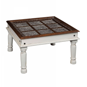 Namastè - Tavolino in legno di acacia intarsiato, colore naturale e bianco in stile etnico, dimensione: cm 120 x 65 x 45 h
