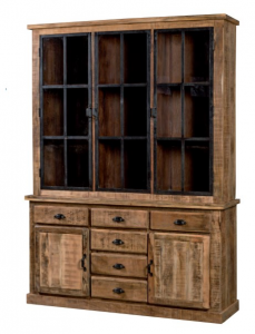 Clichy - Credenza vetrina doppio corpo con ante in metallo in legno di mango e acacia, colore naturale in stile rustico, dimensione: cm 160 x 48 x 220 h