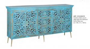 Alizèe - Credenza 4 ante e 3 cassetti in legno massello intarsiato, colore azzurro decapato, dimensione: cm 195 x 41 x 100 h