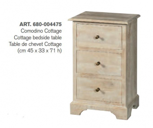 Cottage - Comodino 3 cassetti in legno di mango, colore bianco decapato stile shabby chic, dimensione: cm 45 x 33 x 71 h