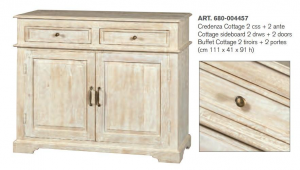 Cottage - Credenza 2 ante e 2 cassetti in legno di mango, colore bianco decapato in stile shabby chic, dimensione: cm 111 x 41 x 91 h