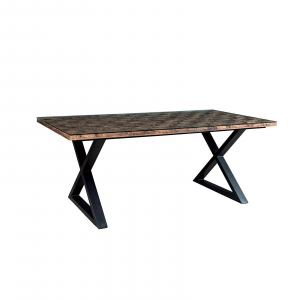 Cross - Tavolo con cristallo in legno massello, colore naturale in stile industrial, dimensione: cm 200 x 100 x 77 h