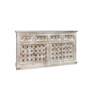 Mahal - Credenza in legno massello intarsiato, colore bianco decapato in stile etnico, dimensione: cm 193 x 45 x 108 h
