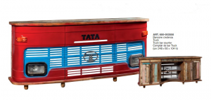 Truck - Bancone credenza autocarro tata in legno massello, colori originali del mezzo in stile vintage, dimensione: cm 248 x 60 x 104 h
