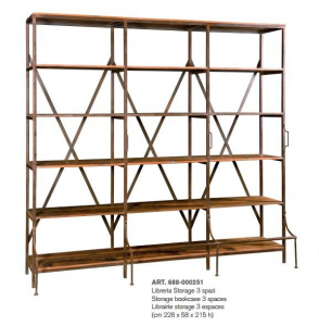Storage 3 Spazi - Libreria in legno di mango e metallo, colore naturale stile industrial, dimensione: cm 228 x 58 x 215 h