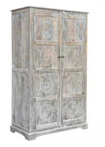 White Sun - Armadio in legno di acacia intarsiato, colore bianco decapato stile etnico chic, dimensione: cm 120 x 61 x 200 h