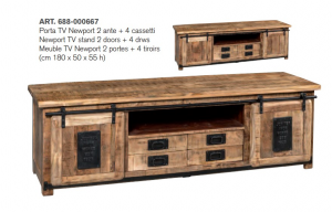 Newport - Mobile Porta Tv 2 Ante e 4 cassetti in legno di mango, colore naturale in stile industrial, dimensione: cm 180 x 50 x 55 h