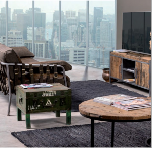 Okland - Mobile Porta Tv in legno di acacia e metallo, colore naturale e silver in stile rustico, dimensione: cm 138 x 38 x 50 h