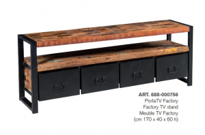 Factory - Mobile Porta Tv 4 cassetti in legno di mango e metallo, colore naturale e nero in stile industrial, dimensione: cm 170 x 40 x 60 h