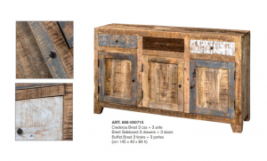 Brest - Credenza 3 ante e 3 cassetti, in legno massello colore naturale e pastello in stile rustico retrò, dimensione: cm 145 x 40 x 84 h