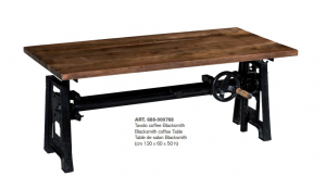 Blacksmith - Tavolino da salotto elevabile in legno di mango e metallo, colore naturale base nero in stile industrial retrò, dimensione: cm 120 x 60 x 50 h