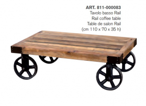 Rail - Tavolino da salotto con ruote in legno massello e metallo, colore naturale in stile industrial retrò, dimensione: cm 110 x 70 x 35 h