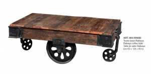 Railways - Tavolino da salotto con ruote, in legno massello e metallo, colore naturale in stile industrial retrò, dimensione: cm 62 x 125 x 45 h