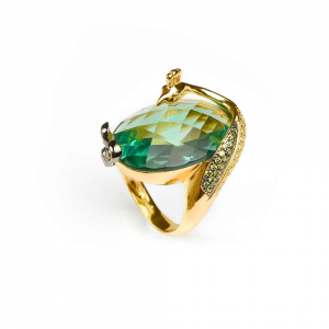 Ring im Pfauendesign aus Silber, grünem Obsidian und farbigen Zirkonen