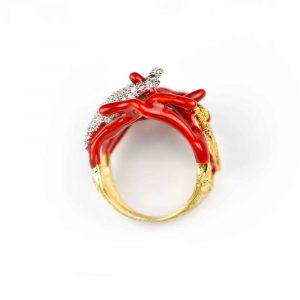 Anello con coralli e stella marina in argento, smalto rosso, zirconi
