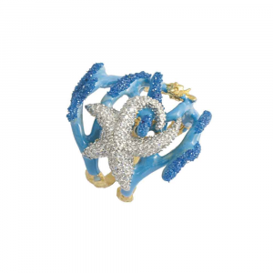 Anello con coralli e stella marina in argento, smalto azzurro, zirconi