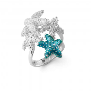 Anello con stelle marine in argento, smalto azzurro e zirconi