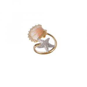 Shell and starfish design ring in silver, enamel and zircons