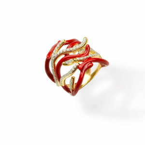Anello design ramo di coralli in argento, smalto rosso e zirconi