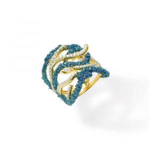 Anello design ramo di coralli in argento, smalto azzurro e zirconi