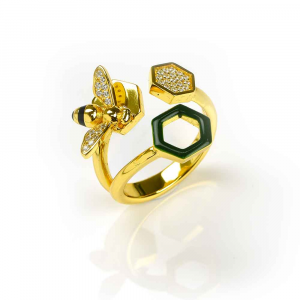 Hive and bee design ring in silver, green enamel and zircons
